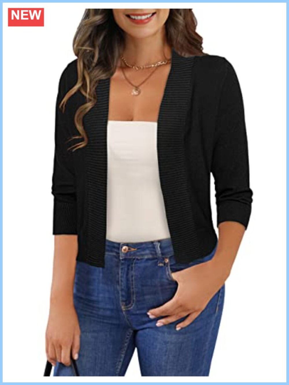 Women's 3/4 Sleeve Cropped Shrug Cardigan Rib Knit Open Front